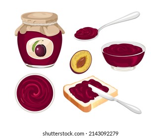 Plum jam set. Vector sandwich with homemade fruit marmalade, knife, glass jar with jelly, spoon and bowl isolated on white background. Sweet food illustration in cartoon flat style.