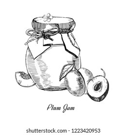 Plum jam.Hand drawn illustration. Ink sketch of canning plum, isolated on white background.