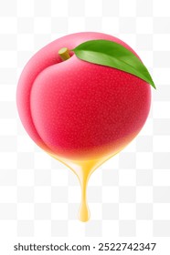 Sumo de ameixa Gotejamento de ameixa fresca madura, isolado em fundo transparente. Ameixa doce com suco fresco. Design brilhante de verão. Ilustração realista do vetor 3d