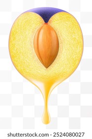 Plum juice Dripping From half of a juicy plum with a stone , isolated on transparent background. Sweet purple plum with fresh juice. Bright summer design. Realistic 3d vector illustration