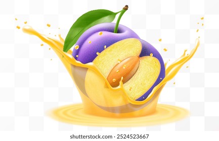 Plum juice. Fresh ripe plum falls into a splash of juice, isolated on transparent background. Realistic 3d vector illustration. Summer vitamin food and drink. Plum smoothie splash, vitamin cocktail