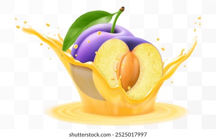 Plum juice. Fresh ripe plum falls into a splash of juice, isolated on transparent background. Realistic 3d vector illustration. Summer vitamin food and drink. Plum smoothie splash, vitamin cocktail