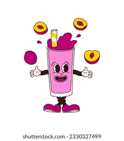 Plum juice glass character in comic cartoon style on transparent background. Hand drawing of funny mascot of honey drink in retro style. Isolated vector illustration of juice, smoothie or wine glass