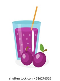 Plum juice in a glass. Fresh plum juice isolated on white background. Fresh fruit and juice icon. Plum drink, fruit compote. Plum cocktail smoothie. Vector illustration