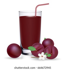 Plum juice in a glass. Fresh juice isolated on a white background. Icon fresh fruits and juices. Plum drink, juice. Plum cocktail smoothies. Vector illustration