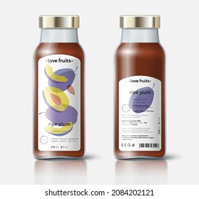 Plum juice packaging. Beautiful transparency whole and cut fruits. Bottle template with face and back labels. 