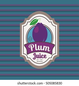 Plum juice retro fruit label and simple pattern backdrop. Vector illustration