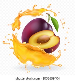 Plum juice splash realistic Fresh fruit 3d illustration