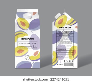 Plum juice. Template packaging design. Whole and cut transparent fruits.