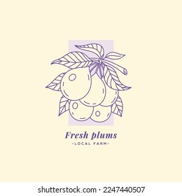 Plum label design template. Linear graphic style. Vector illustration.