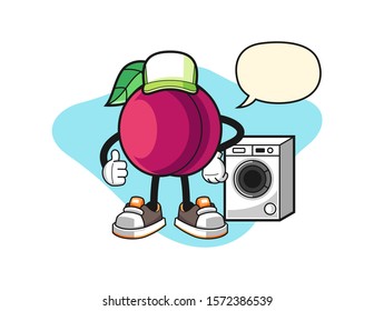 Plum laundry man with speech bubble cartoon. Mascot Character vector.