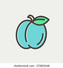 Plum with leaf icon thin line for web and mobile, modern minimalistic flat design. Vector icon with dark grey outline and offset colour on light grey background.