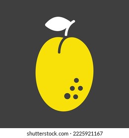 Plum with leaf vector glyph on dark background icon. Graph symbol for food and drinks web site, apps design, mobile apps and print media, logo, UI