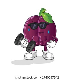 plum lifting dumbbell vector. cartoon character