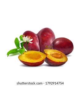Plum low poly. Bloom of plum. Fresh, nutritious, tasty plum. Delicious and healthy dessert. Elements for label design. Vector illustration. Fruits ingredients in triangulation technique.  