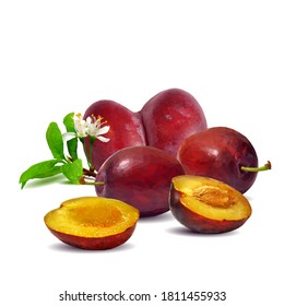 Un poste bajo. Bloom de ciruela. Ciruela fresca, nutritiva y sabrosa. Un postre delicioso y saludable. Elementos para el diseño de etiquetas. Ilustración vectorial. Ingredientes de frutas en técnica de triangulación.  