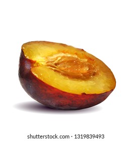Plum low poly. Fresh, nutritious, tasty plum. Delicious and healthy dessert. Elements for label design. Vector illustration. Fruits ingredients in triangulation technique.  