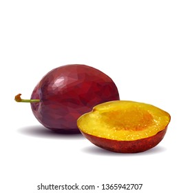 Plum low poly. Fresh, nutritious, tasty plum. Delicious and healthy dessert. Elements for label design. Vector illustration. Fruits ingredients in triangulation technique.  