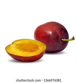 Plum low poly. Fresh, nutritious, tasty plum. Delicious and healthy dessert. Elements for label design. Vector illustration. Fruits ingredients in triangulation technique.  