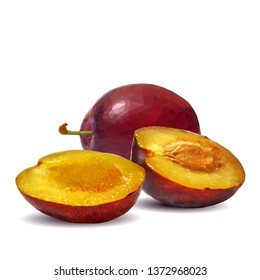 Plum low poly. Fresh, nutritious, tasty plum. Delicious and healthy dessert. Elements for label design. Vector illustration. Fruits ingredients in triangulation technique.  