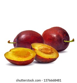 Plum low poly. Fresh, nutritious, tasty plum. Delicious and healthy dessert. Elements for label design. Vector illustration. Fruits ingredients in triangulation technique.  