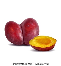 Plum low poly. Fresh, nutritious, tasty plum. Delicious and healthy dessert. Elements for label design. Vector illustration. Fruits ingredients in triangulation technique.  