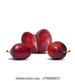 Un poste bajo. Ciruela fresca, nutritiva y sabrosa. Un postre delicioso y saludable. Elementos para el diseño de etiquetas. Ilustración vectorial. Ingredientes de frutas en técnica de triangulación.  