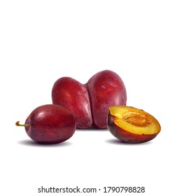 Un poste bajo. Ciruela fresca, nutritiva y sabrosa. Un postre delicioso y saludable. Elementos para el diseño de etiquetas. Ilustración vectorial. Ingredientes de frutas en técnica de triangulación.  