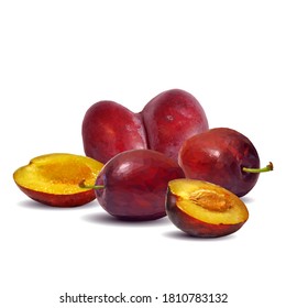 Un poste bajo. Ciruela fresca, nutritiva y sabrosa. Un postre delicioso y saludable. Elementos para el diseño de etiquetas. Ilustración vectorial. Ingredientes de frutas en técnica de triangulación.  