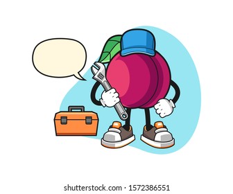 Plum mechanic with speech bubble cartoon. Mascot Character vector.