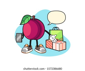 Plum online shopping with speech bubble cartoon. Mascot Character vector.