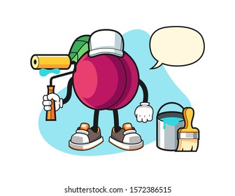 Plum painter with speech bubble cartoon. Mascot Character vector.