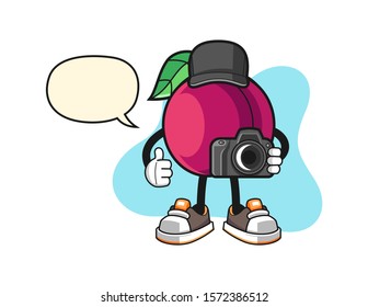 Plum photographer with speech bubble cartoon. Mascot Character vector.