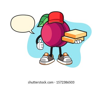 Plum pizza delivery with speech bubble cartoon. Mascot Character vector.