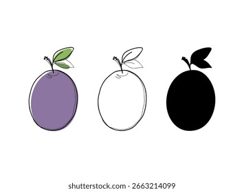 Ameixa, ameixa, ilustração de linha vetorial, contorno, silhueta, desenhado à mão, design plano. Um conjunto de diferentes elementos de ícone de fruta para decoração, design, rótulo, logotipo