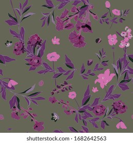 Plum, purple flowers of roses and poppies, twigs of grass and leaves on sage brown color background. Seamless vector pattern. Illustration with plants.