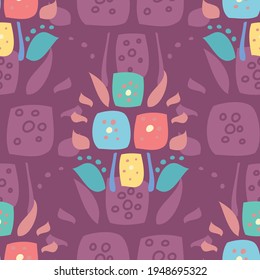 Plum purple repeating seamless vector floral pattern with multicolor elements arranged symmetrically on a textured backdrop in shades of purple