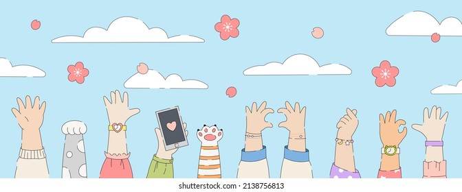 Plum sakura blossom celebration cartoon cute banner. Background illustration with people and animals hands, sakura flowers, landscape, sky and clouds. Vector.