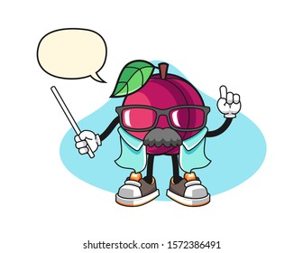 Plum scientist professor with speech bubble cartoon. Mascot Character vector.