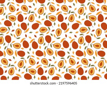 Plum Seamless pattern. Plum Fruit with leaf, hand drawn doodle sketch. Flat vector Food template. Repeated background for textile, fabric, paper, wallpaper, packaging. Autumn harvest