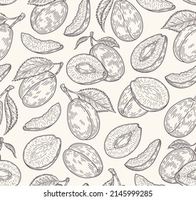 Plum seamless pattern on a beige background. Plum sketch. Ripe plum. Summer fruit background. Great for labels, posters, print.