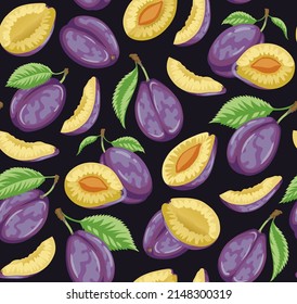 Patrón de caída sin soldadura sobre fondo negro. Ciruela madura. Fondo de frutas de verano. El diseño es perfecto para papel pintado, tela, etiquetas, empaque.