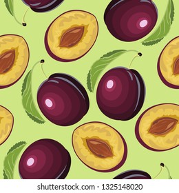 Plum seamless pattern on green background. Vector illustration of fruits and leaves in cartoon simple flat style.