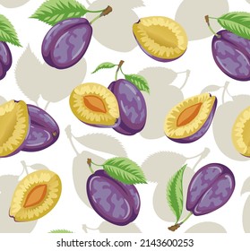Plum seamless pattern on white background with shadow. Ripe plum. Summer fruit background. Great for labels, posters, print.