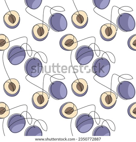 Plum seamless pattern vector. Line continuous hand drawn illustration. Vegetable outline backdrop. Garden fruit background. Food wallpaper, kitchen print, poster, package design.