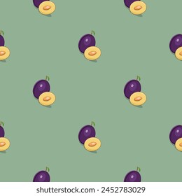 Plum seamless pattern. Vegan organic eco fruit background. vector illustration.