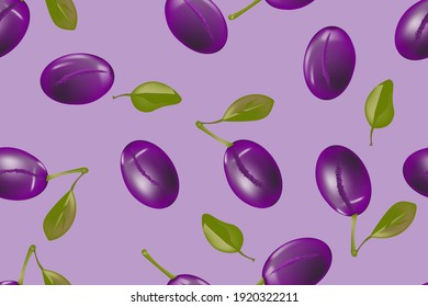 plum seamless pattern.bright purple ripe juicy plum with green leaves .print.vector illustration.
