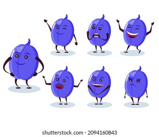 Plum set - character and emotions. Anthropomorphic hero. Vector illustration in cartoon style.