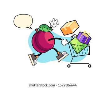 Plum shopping with speech bubble cartoon. Mascot Character vector.
