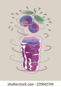 Plum smoothie vector concept. Food design element. Energetic fresh drink. Fresh juice for healthy life. Organic raw shake. Hand drawn illustration. Rotating glass.